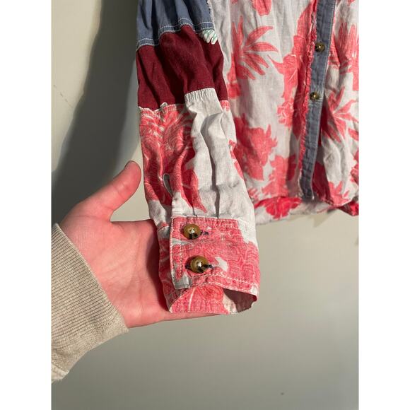 Free People We The Free Chambray Combo Linen Patchwork Button Down Top Small - Picture 5 of 10